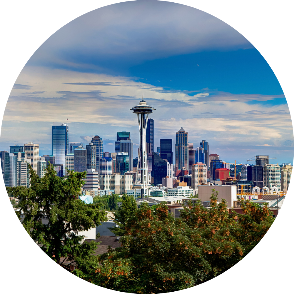 Seattle skyline with the Space Needle, representing masonry services available in the city's urban and residential areas.